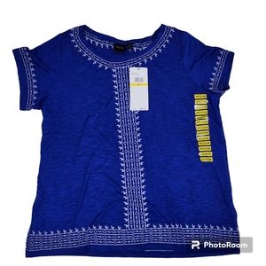 Rafaella scoop neck Embroidered slub top medium blue